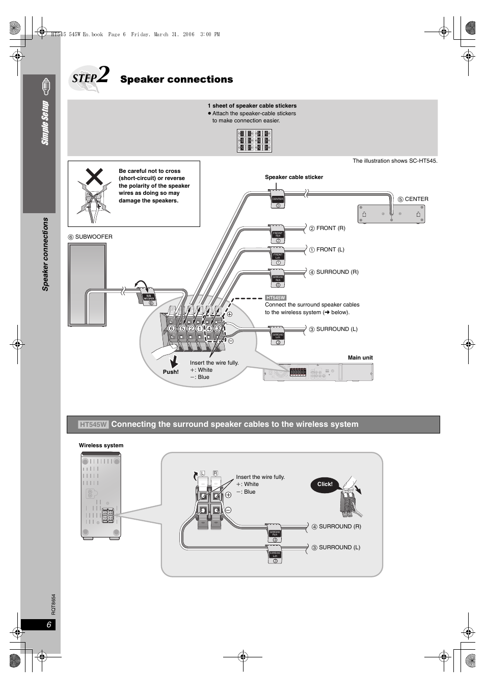 Step, Speaker connections, Simple se tu p 6 | Sp eak er c onne ction s | Panasonic SC-HT545 User Manual | Page 6 / 40