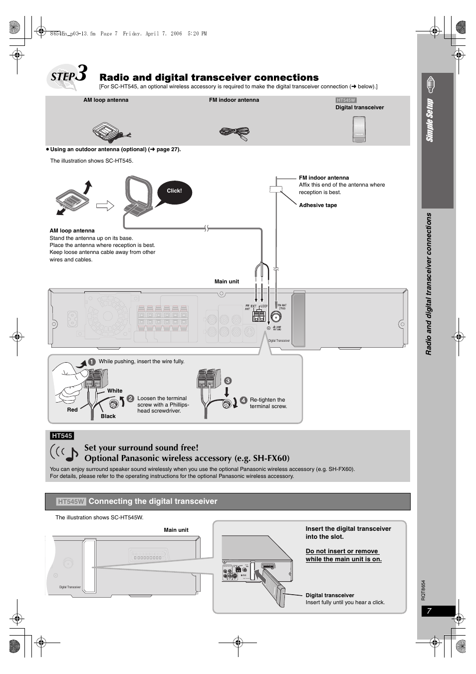 Step, Radio and digital transceiver connections, 7simple se tu p | Ht545, Ht545w] connecting the digital transceiver | Panasonic SC-HT545 User Manual | Page 7 / 40