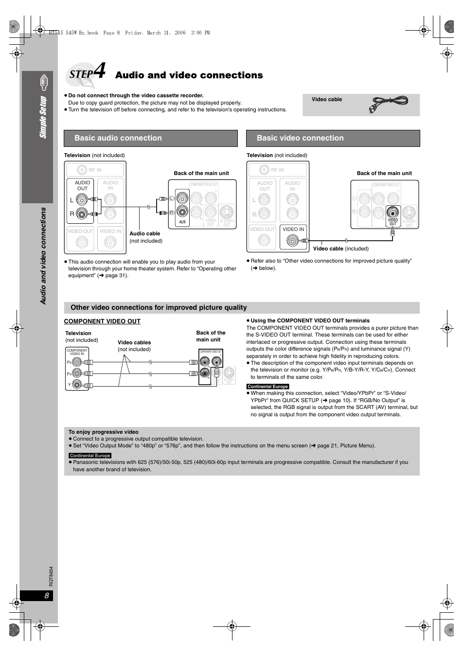 Step, Audio and video connections, Simple se tu p 8 | Basic audio connection, Basic video connection, Audio and vide o c onne ction s | Panasonic SC-HT545 User Manual | Page 8 / 40