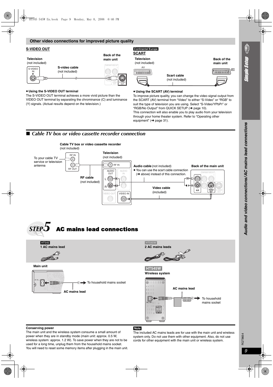 Step, Ac mains lead connections, Cable tv box or video cassette recorder connection | Si mp le s etu p, Ht545w | Panasonic SC-HT545 User Manual | Page 9 / 40