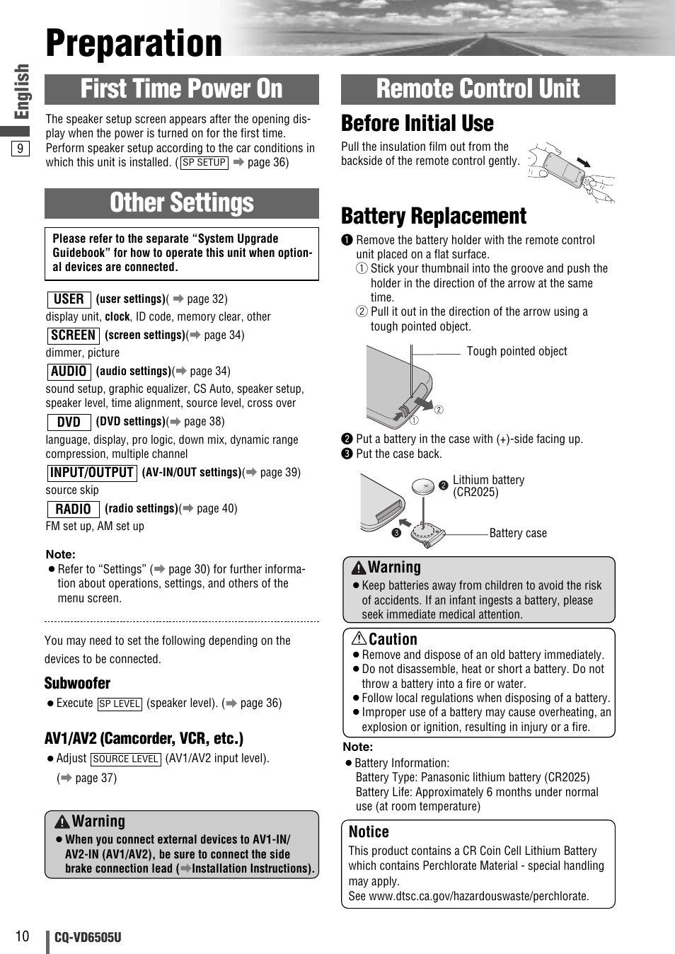 Preparation, Other settings first time power on, Remote control unit | Battery replacement, Before initial use, English, Subwoofer, Av1/av2 (camcorder, vcr, etc.), Warning, Caution | Panasonic CQ-VD6505U User Manual | Page 10 / 52