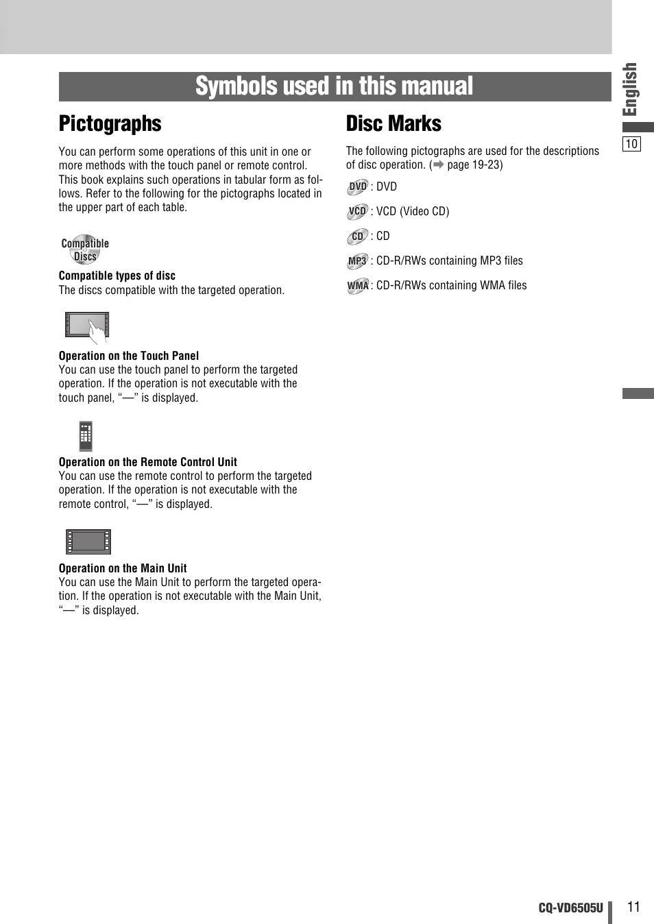 Symbols used in this manual, Disc marks, Pictographs | English | Panasonic CQ-VD6505U User Manual | Page 11 / 52