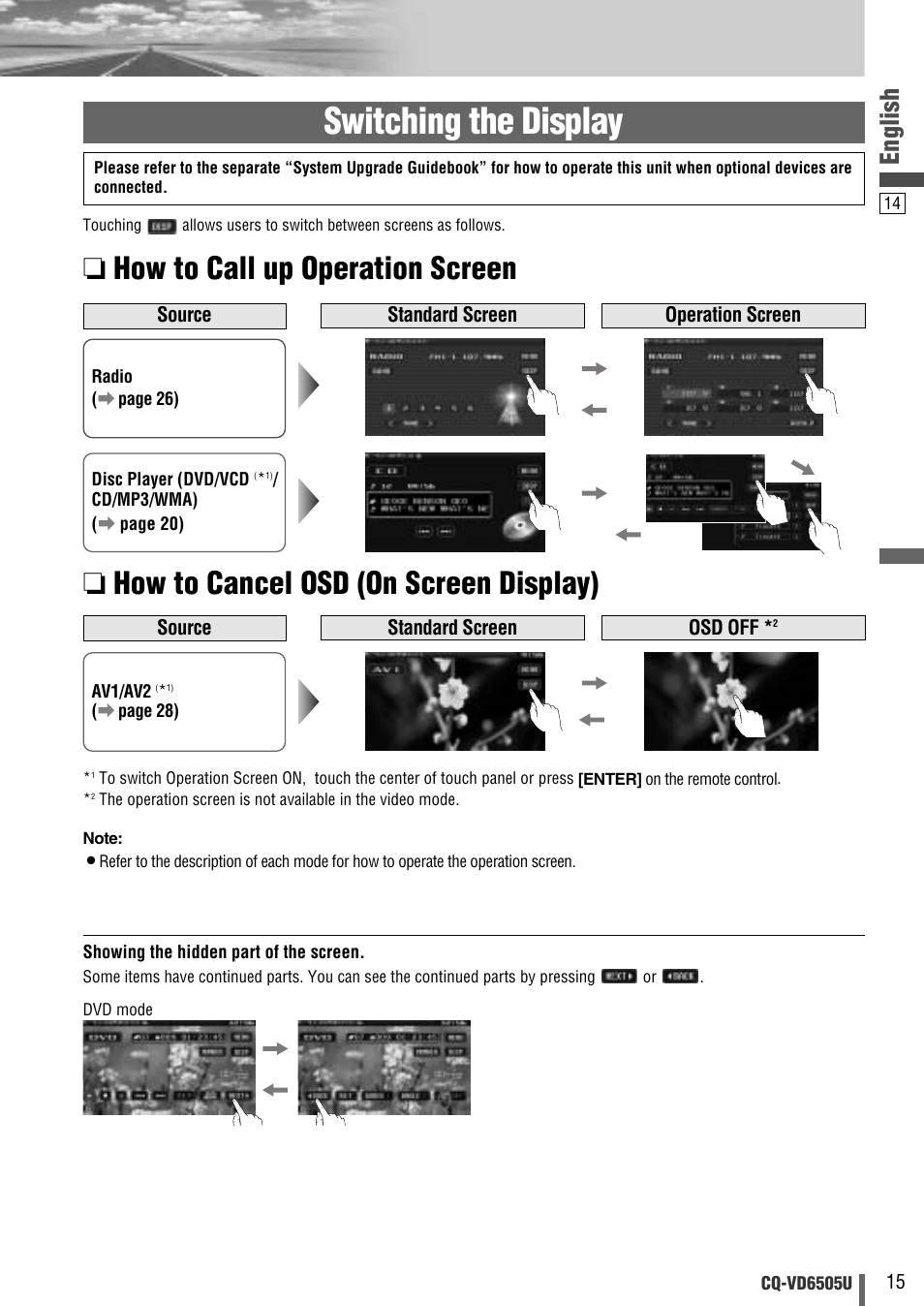 Switching the display, English | Panasonic CQ-VD6505U User Manual | Page 15 / 52