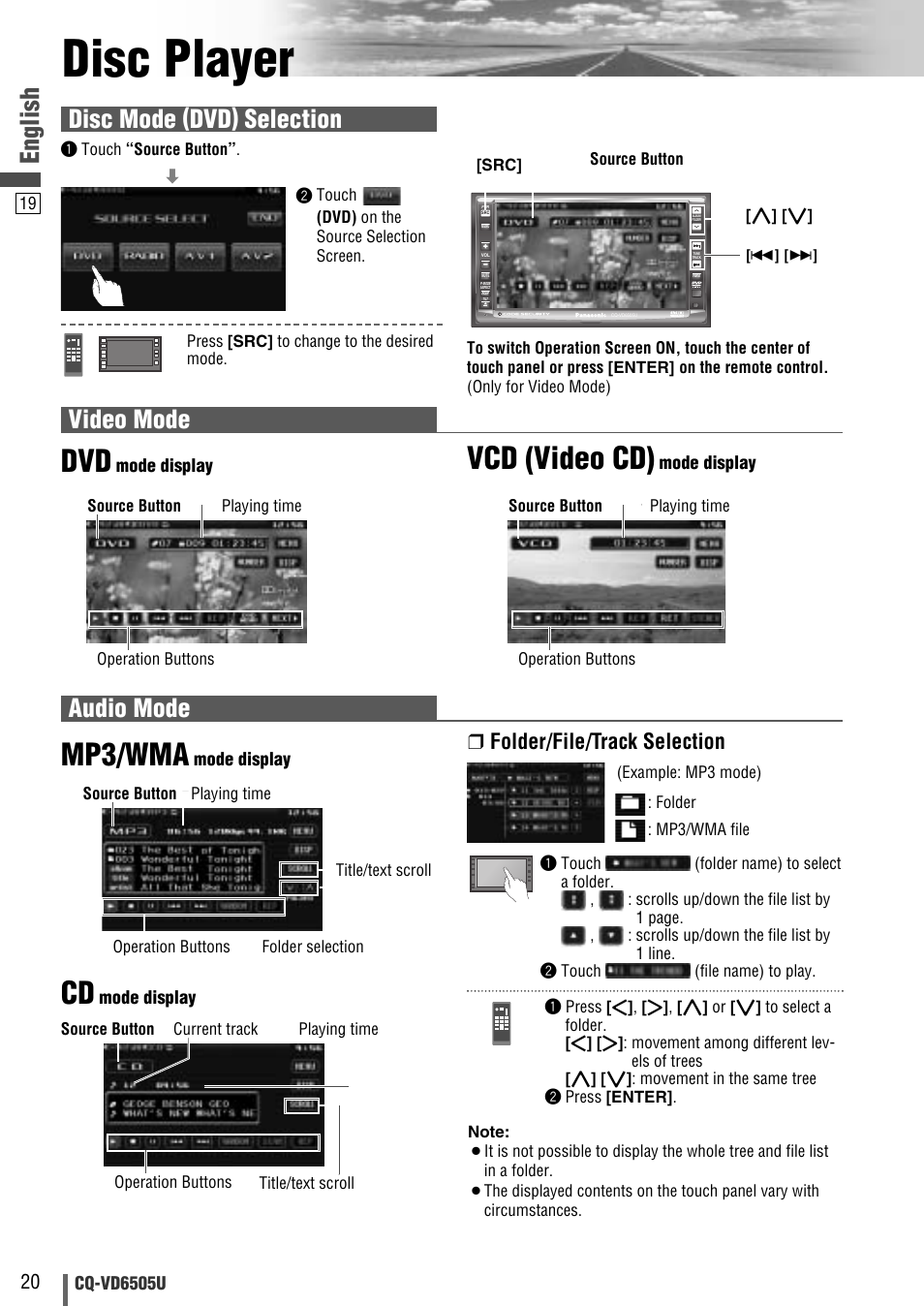 Disc player, Mp3/wma, Vcd (video cd) | English, Video mode, Audio mode, Disc mode (dvd) selection, Folder/file/track selection | Panasonic CQ-VD6505U User Manual | Page 20 / 52
