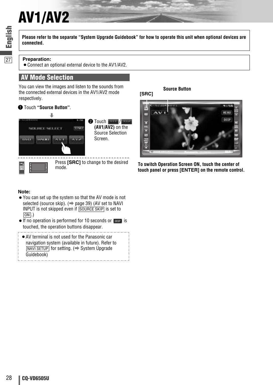 Av1/av2, English, Av mode selection | Cq-vd6505u | Panasonic CQ-VD6505U User Manual | Page 28 / 52