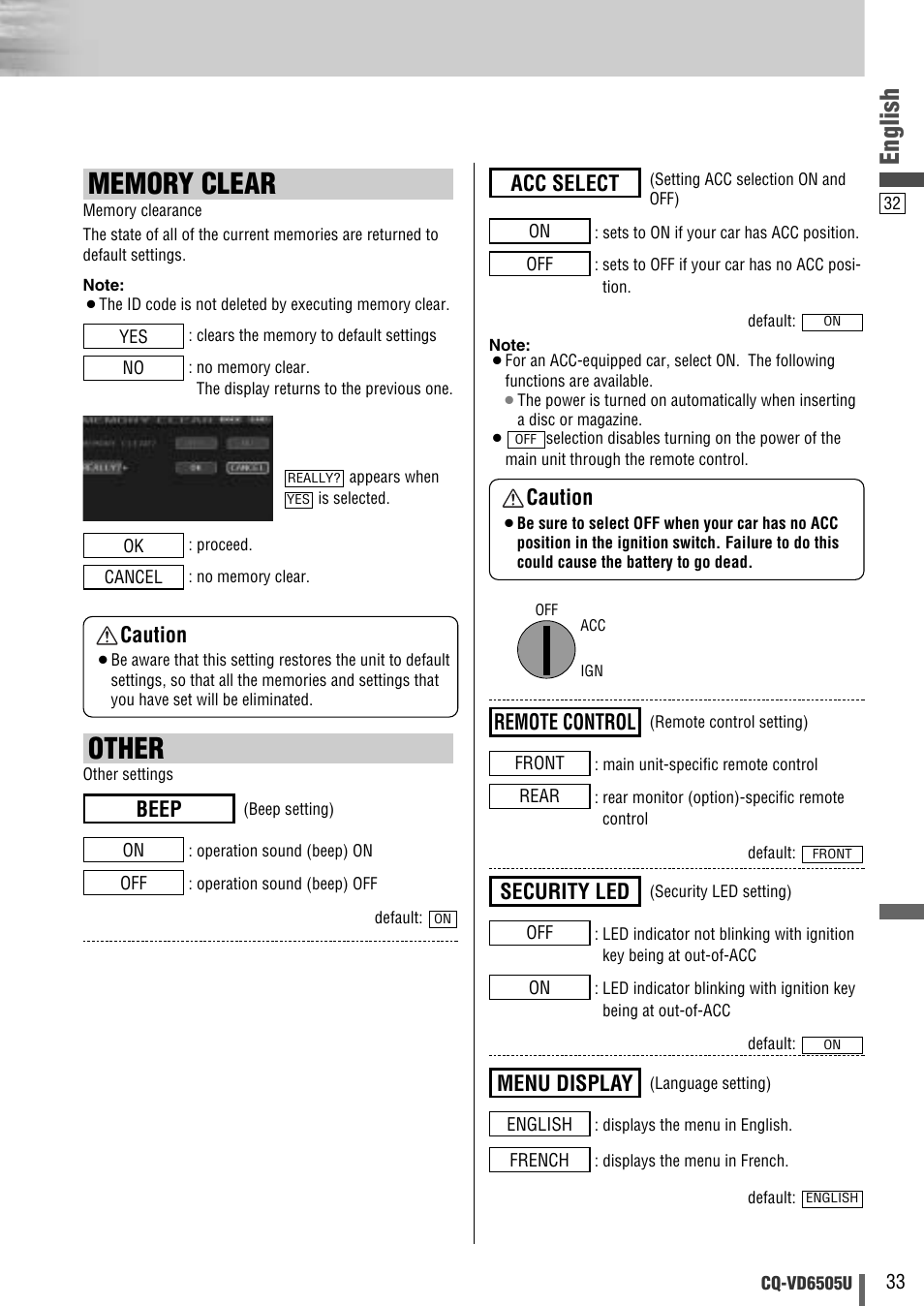 Other, English, Beep | Menu display, Security led, Remote control, Acc select caution, Caution | Panasonic CQ-VD6505U User Manual | Page 33 / 52