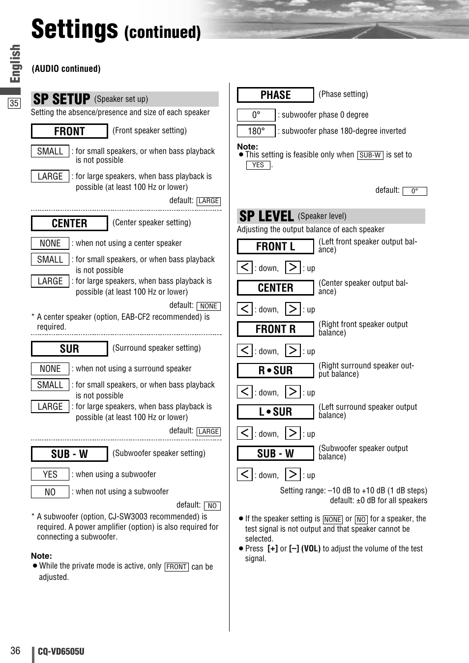 Settings, Continued), Sp level | Sp setup, English, Sub - w, Front r, Center, Front l, Front | Panasonic CQ-VD6505U User Manual | Page 36 / 52