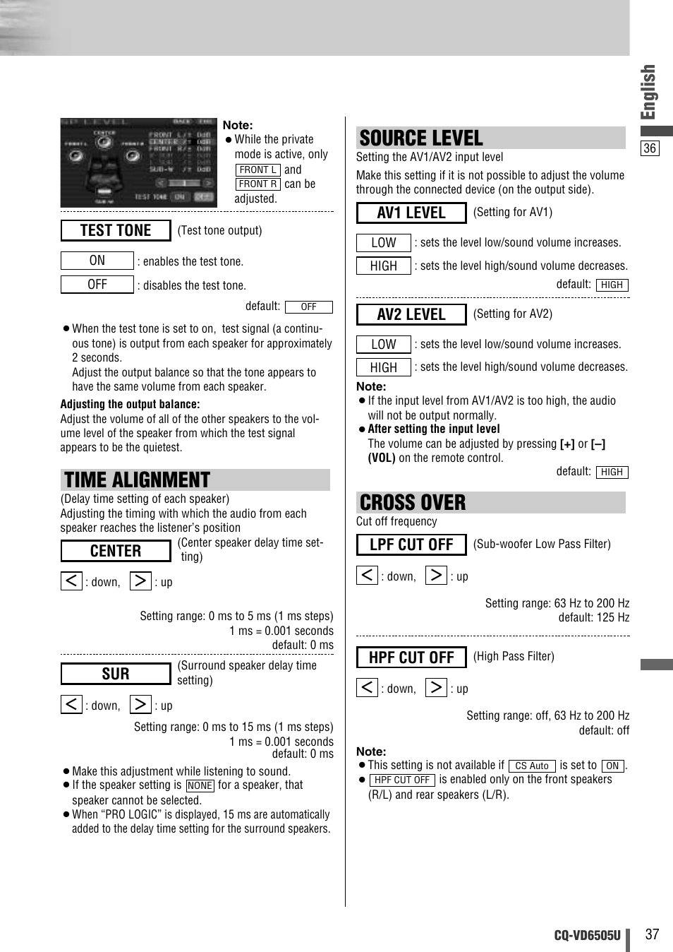 Cross over, Time alignment, Source level | English, Test tone, Hpf cut off, Lpf cut off, Center, Av2 level, Av1 level | Panasonic CQ-VD6505U User Manual | Page 37 / 52