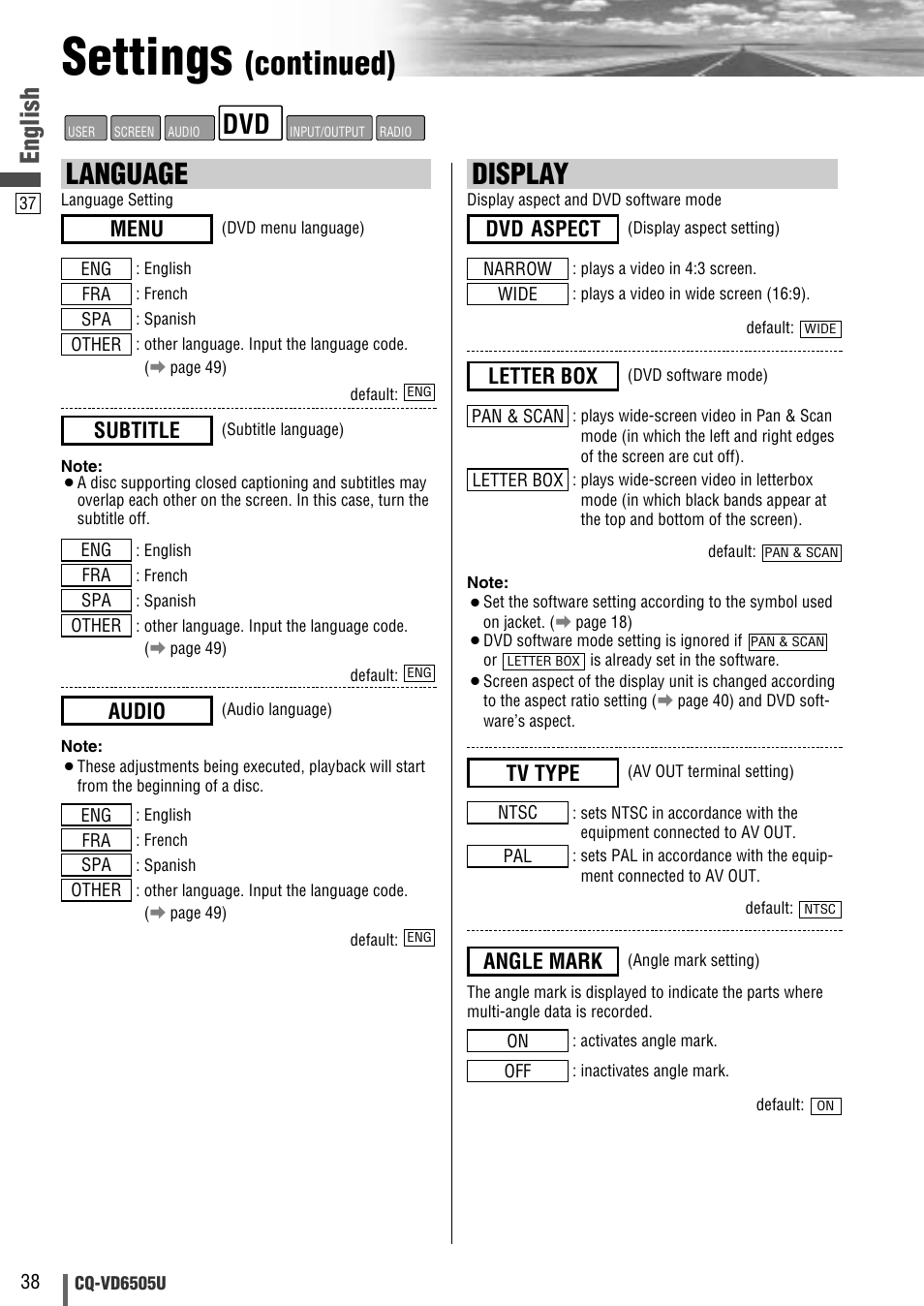 Settings, Continued), Display | Language, English, Dvd aspect, Angle mark, Tv type, Letter box, Menu | Panasonic CQ-VD6505U User Manual | Page 38 / 52