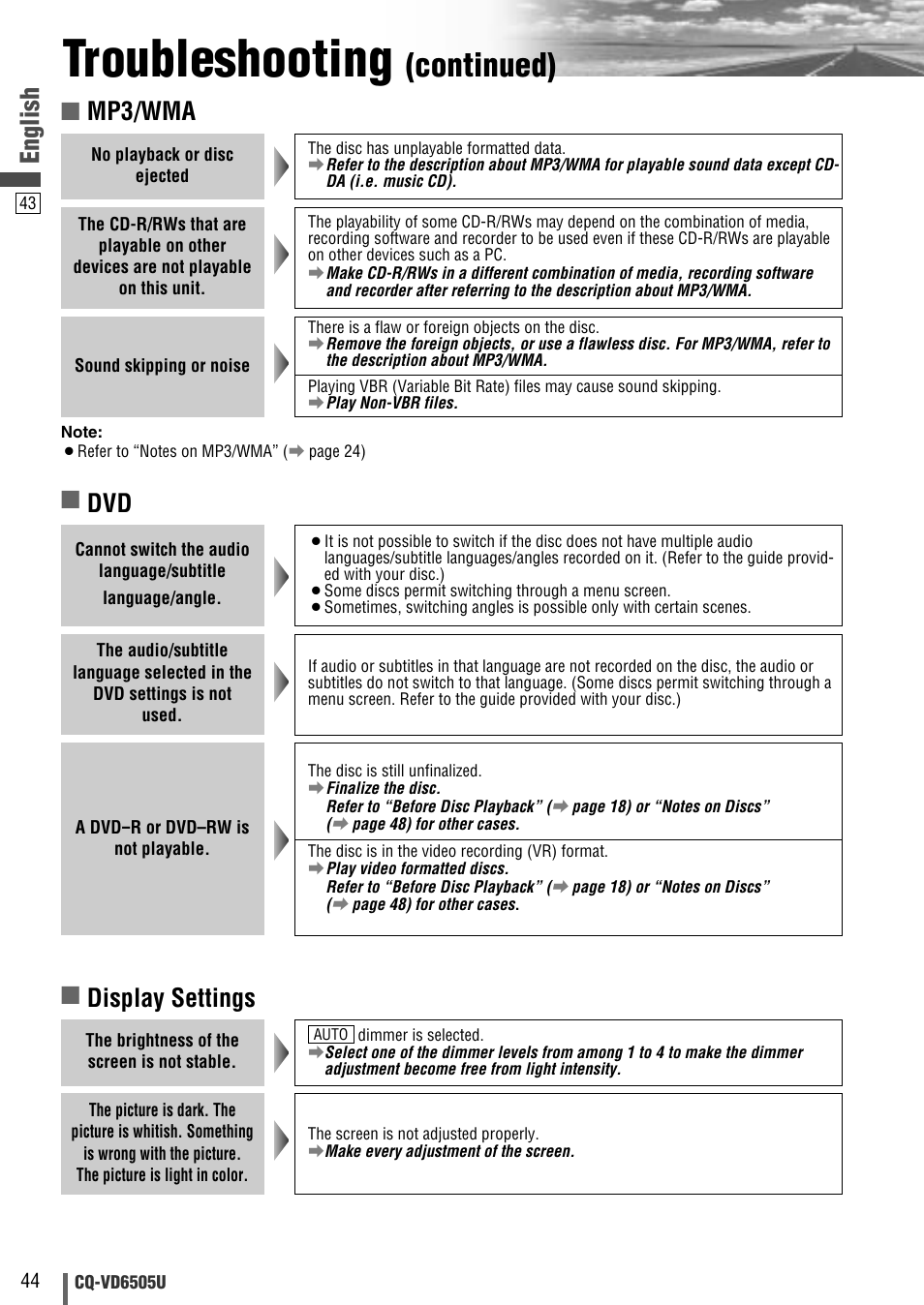 Troubleshooting, Continued), English | Mp3/wma, Display settings | Panasonic CQ-VD6505U User Manual | Page 44 / 52