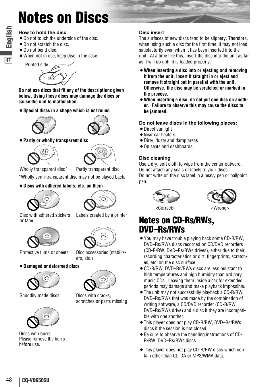 Notes on discs, English | Panasonic CQ-VD6505U User Manual | Page 48 / 52