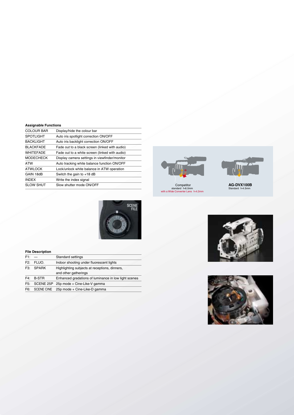 Focus assist, Three user buttons for customized operation, Scene file dial provides quick, easy setup | Auto button for instant, easy shooting, Lightweight design with balanced grip, Automatic head cleaning | Panasonic AG-DVX100B User Manual | Page 7 / 12