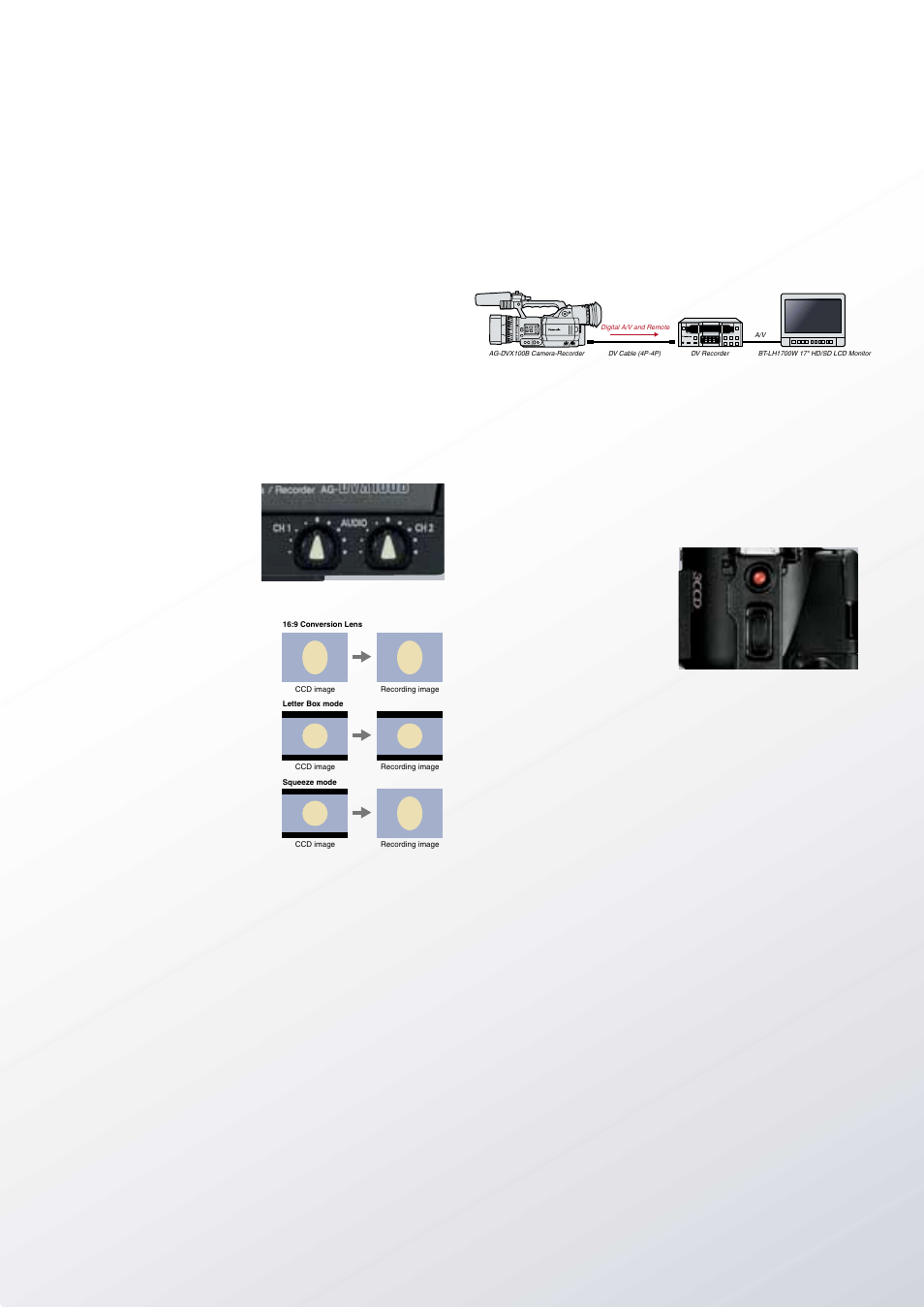 Xlr audio input with +48-v phantom power supply, Audio dials and flexible input selection, Large electronic viewfinder | 5" colour lcd monitor, One-shot recording and other recording functions, Gain, iris, shutter speed, nd filter, Support functions for greater convenience | Panasonic AG-DVX100B User Manual | Page 9 / 12