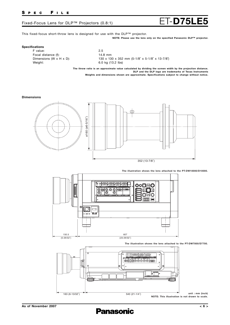 Et-d75le5, Et- d75le5, Fixed-focus lens for dlp™ projectors (0.8:1) | Panasonic ET-D75LE6 User Manual | Page 6 / 7