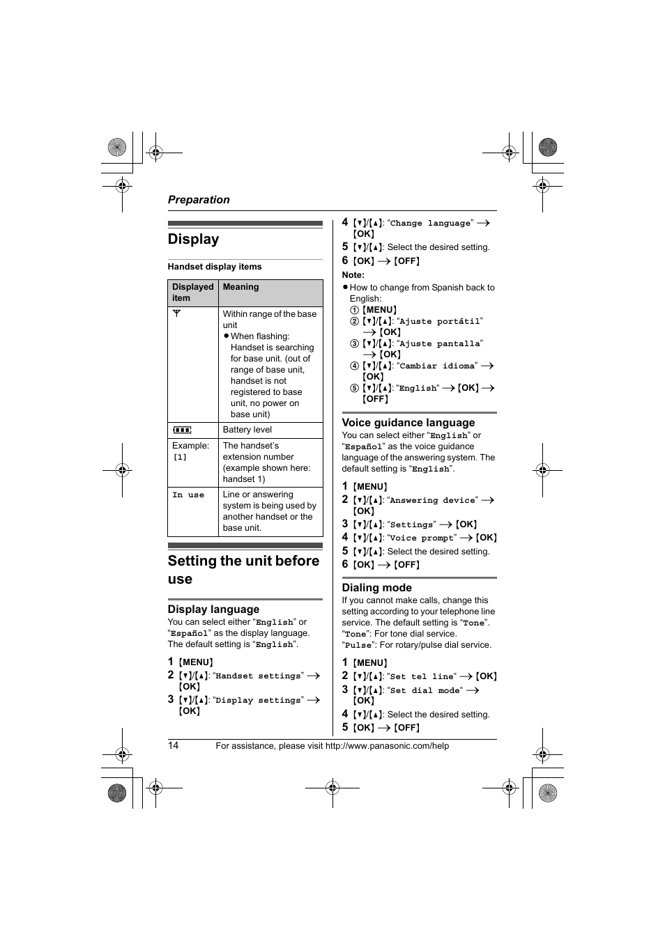 Display, Setting the unit before use | Panasonic KX-TG1034 User Manual | Page 14 / 52