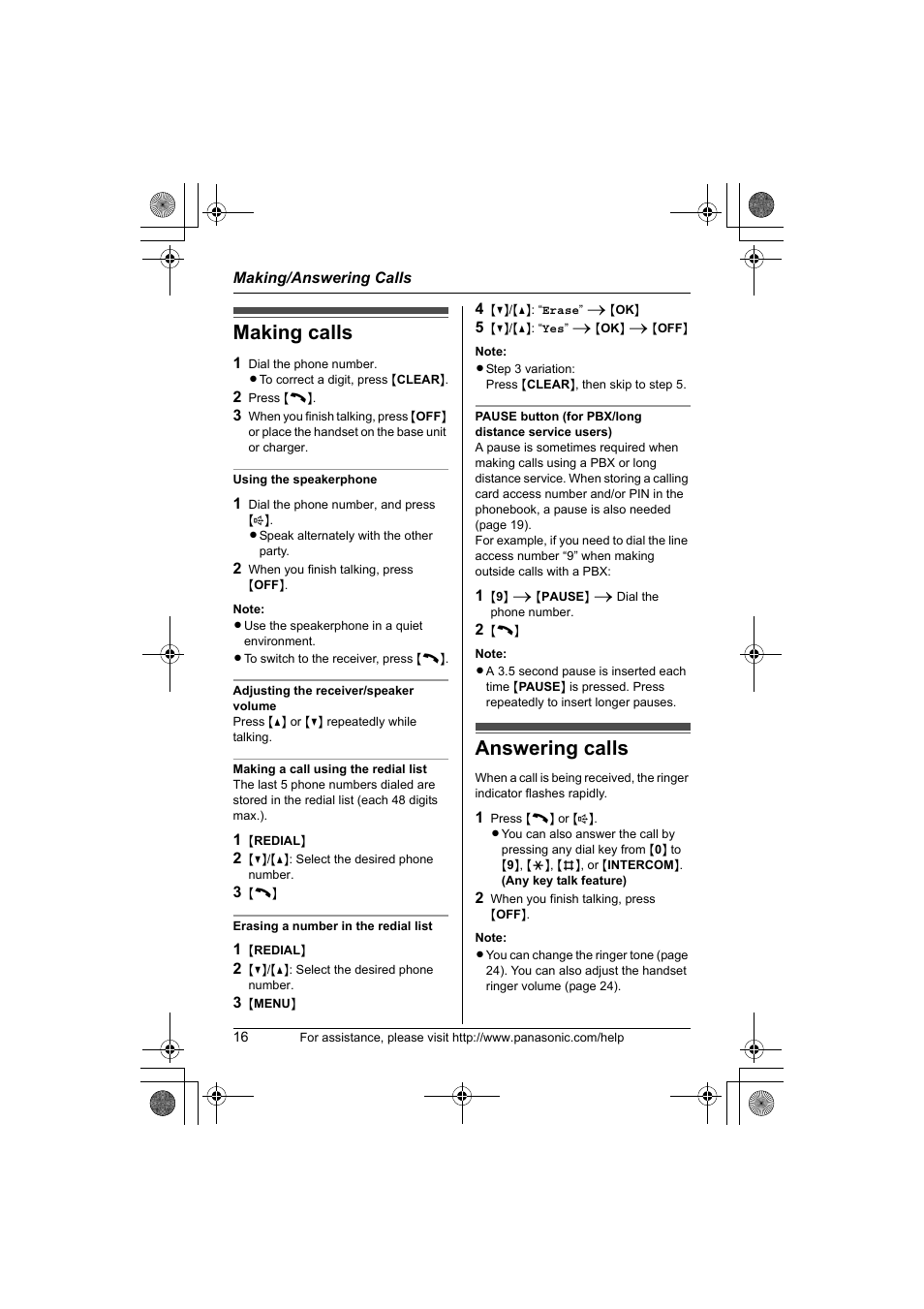 Making/answering calls, Making calls, Answering calls | Panasonic KX-TG1034 User Manual | Page 16 / 52