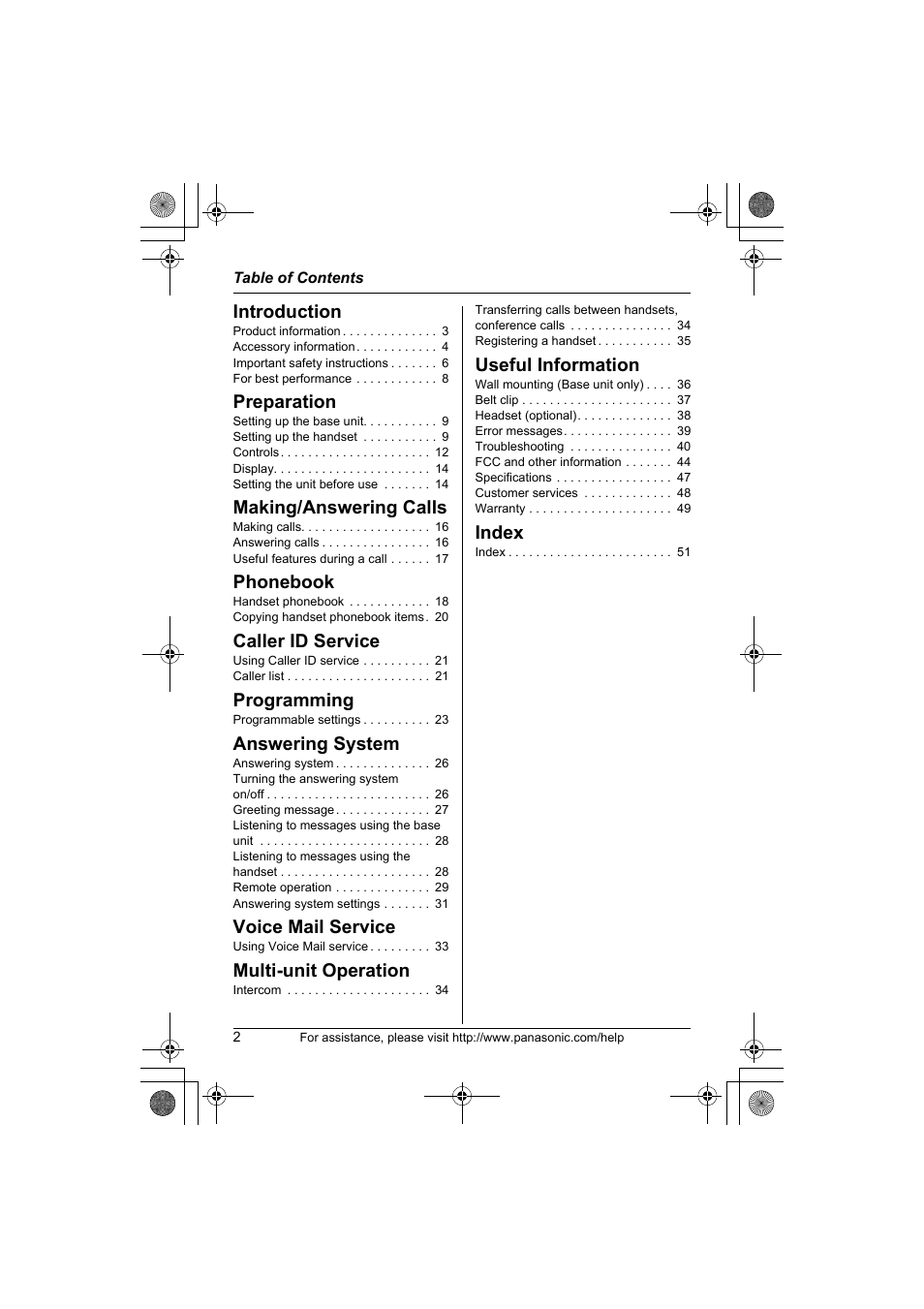 Panasonic KX-TG1034 User Manual | Page 2 / 52