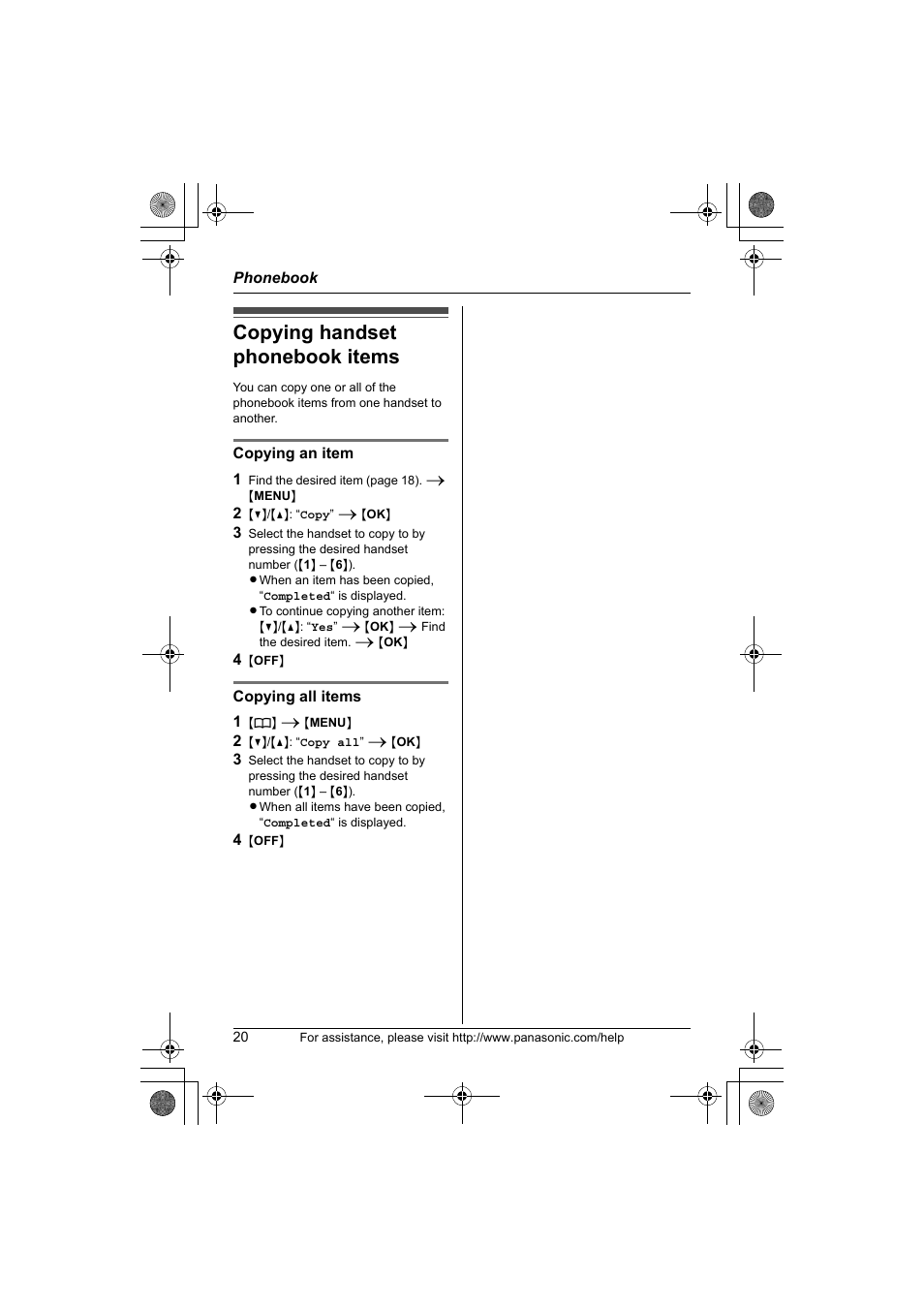 Copying handset phonebook items | Panasonic KX-TG1034 User Manual | Page 20 / 52