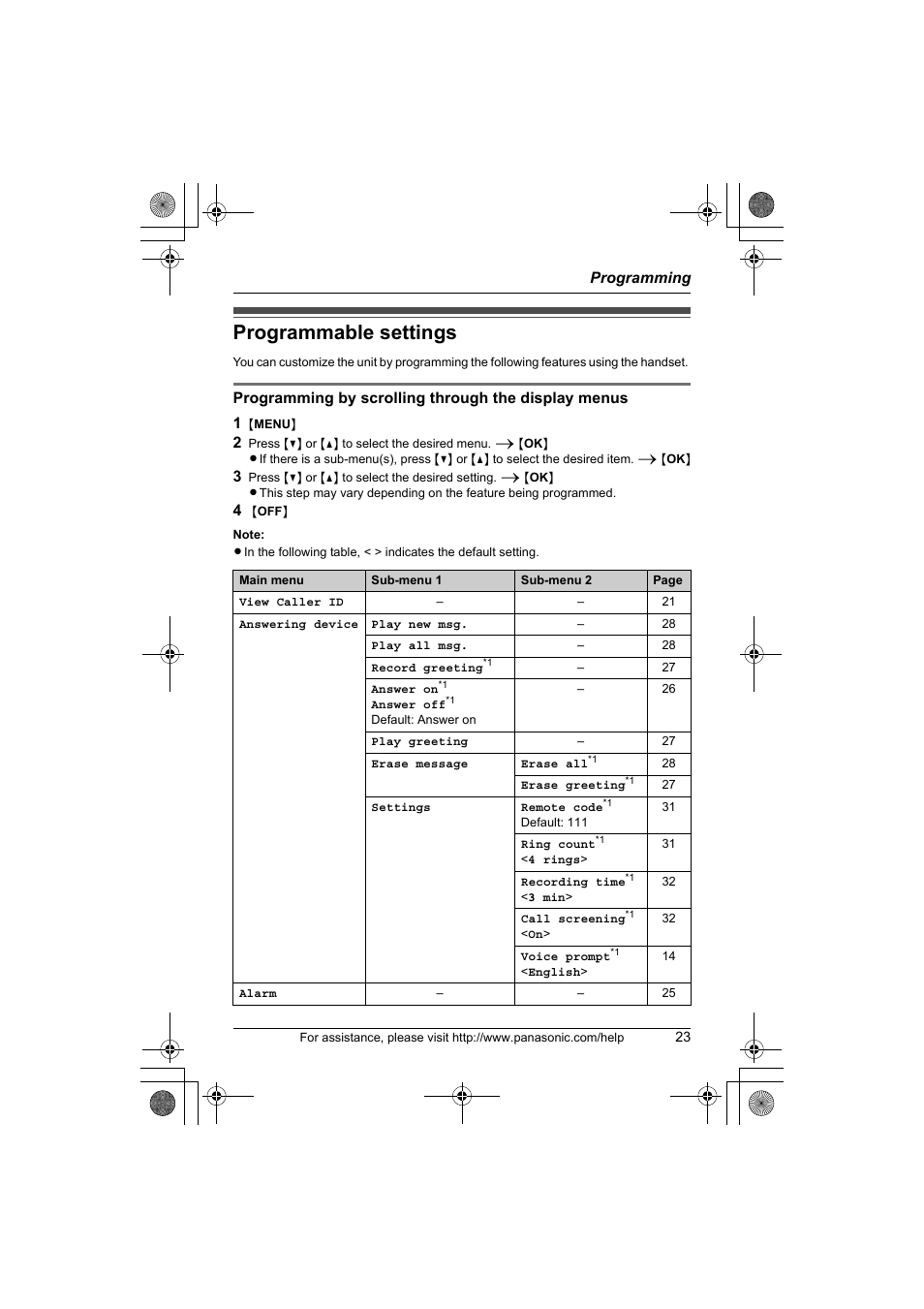 Programming, Programmable settings | Panasonic KX-TG1034 User Manual | Page 23 / 52