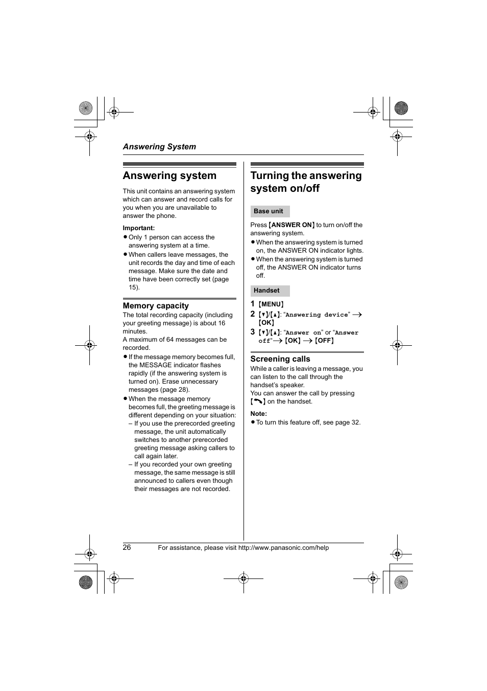 Answering system, Turning the answering system on/off | Panasonic KX-TG1034 User Manual | Page 26 / 52