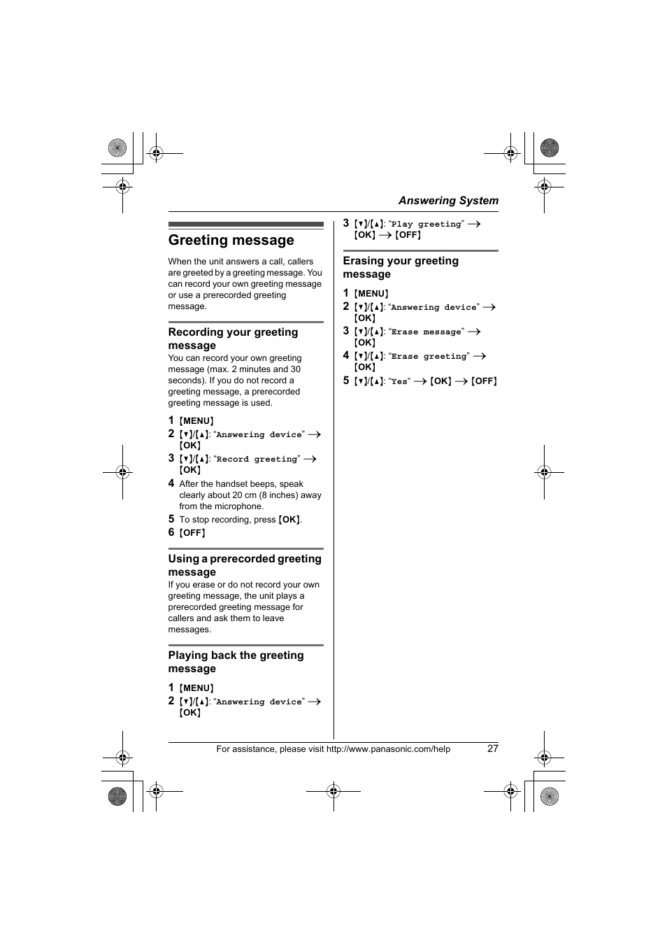 Greeting message | Panasonic KX-TG1034 User Manual | Page 27 / 52