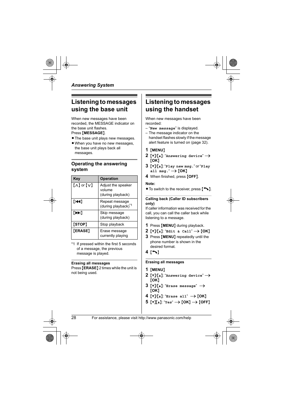 Listening to messages using the base unit, Listening to messages using the handset | Panasonic KX-TG1034 User Manual | Page 28 / 52