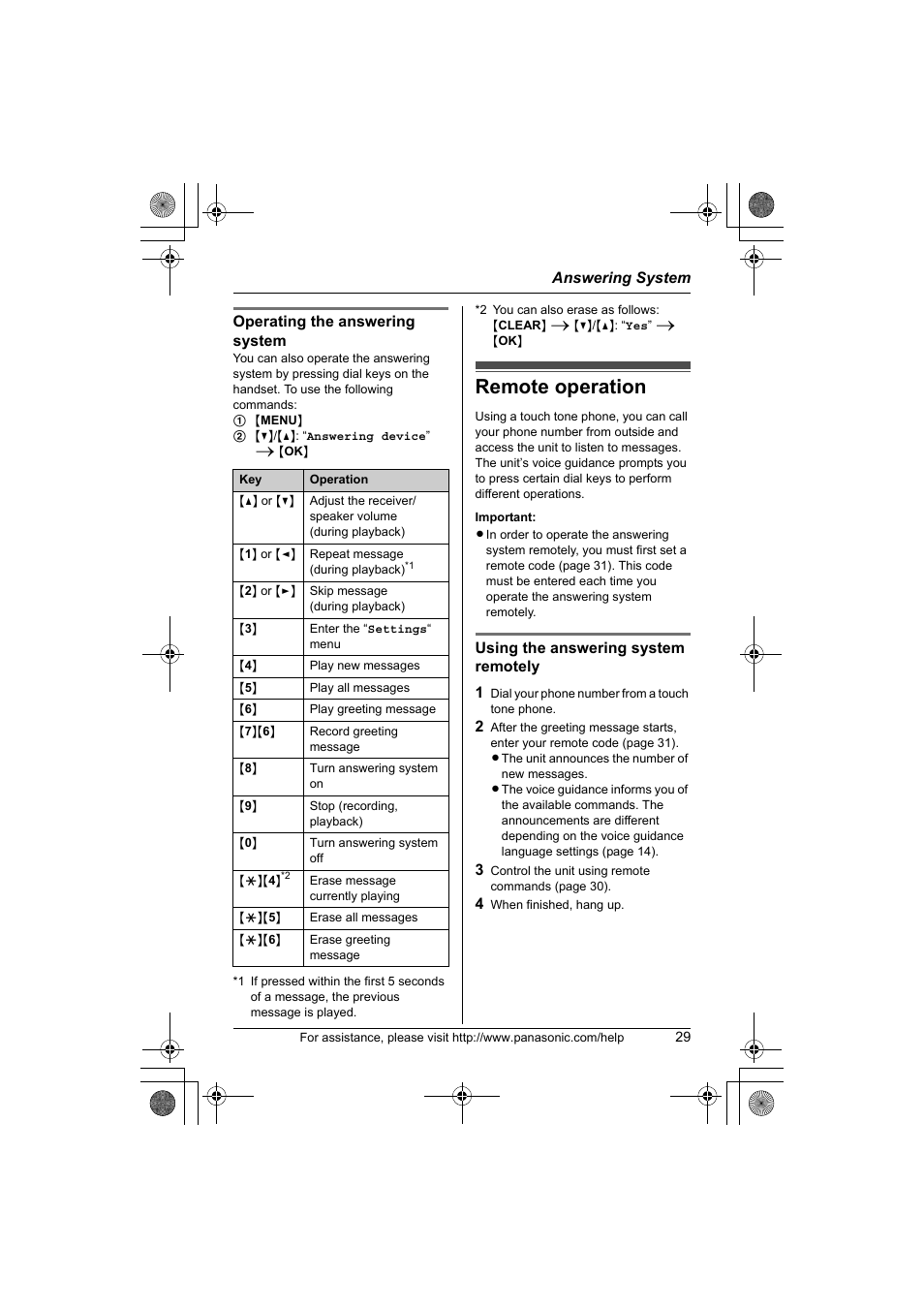 Remote operation | Panasonic KX-TG1034 User Manual | Page 29 / 52