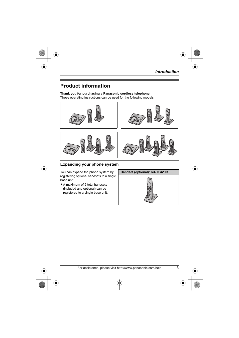 Introduction, Product information | Panasonic KX-TG1034 User Manual | Page 3 / 52