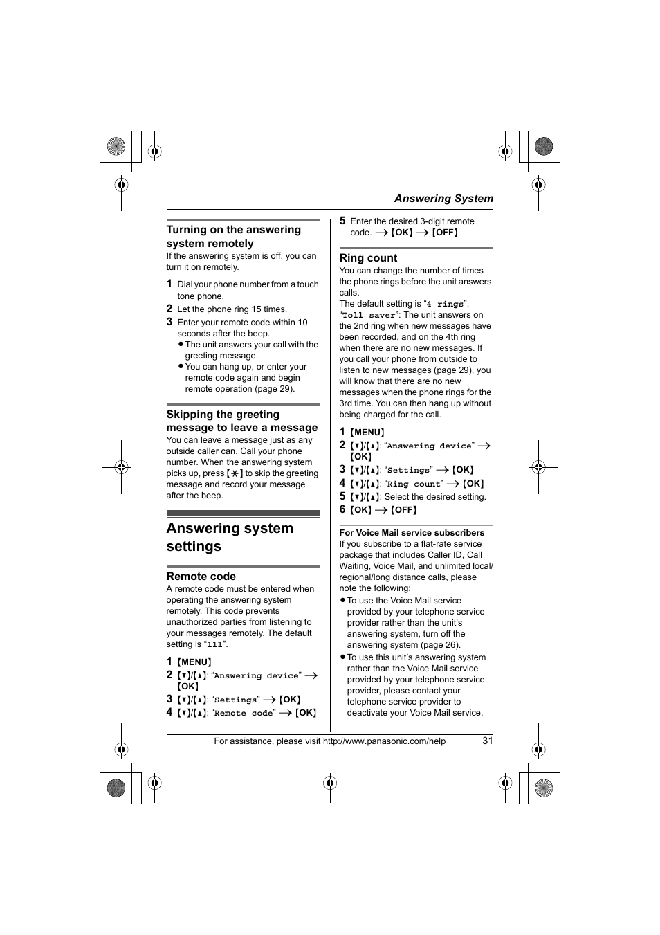 Answering system settings | Panasonic KX-TG1034 User Manual | Page 31 / 52