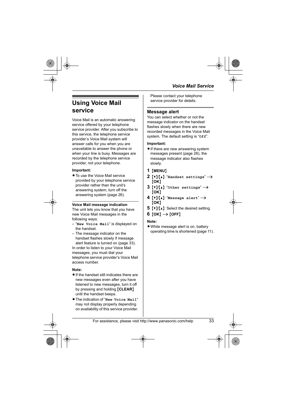 Voice mail service, Using voice mail service | Panasonic KX-TG1034 User Manual | Page 33 / 52