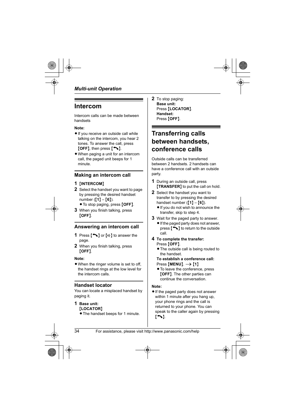 Multi-unit operation, Intercom | Panasonic KX-TG1034 User Manual | Page 34 / 52