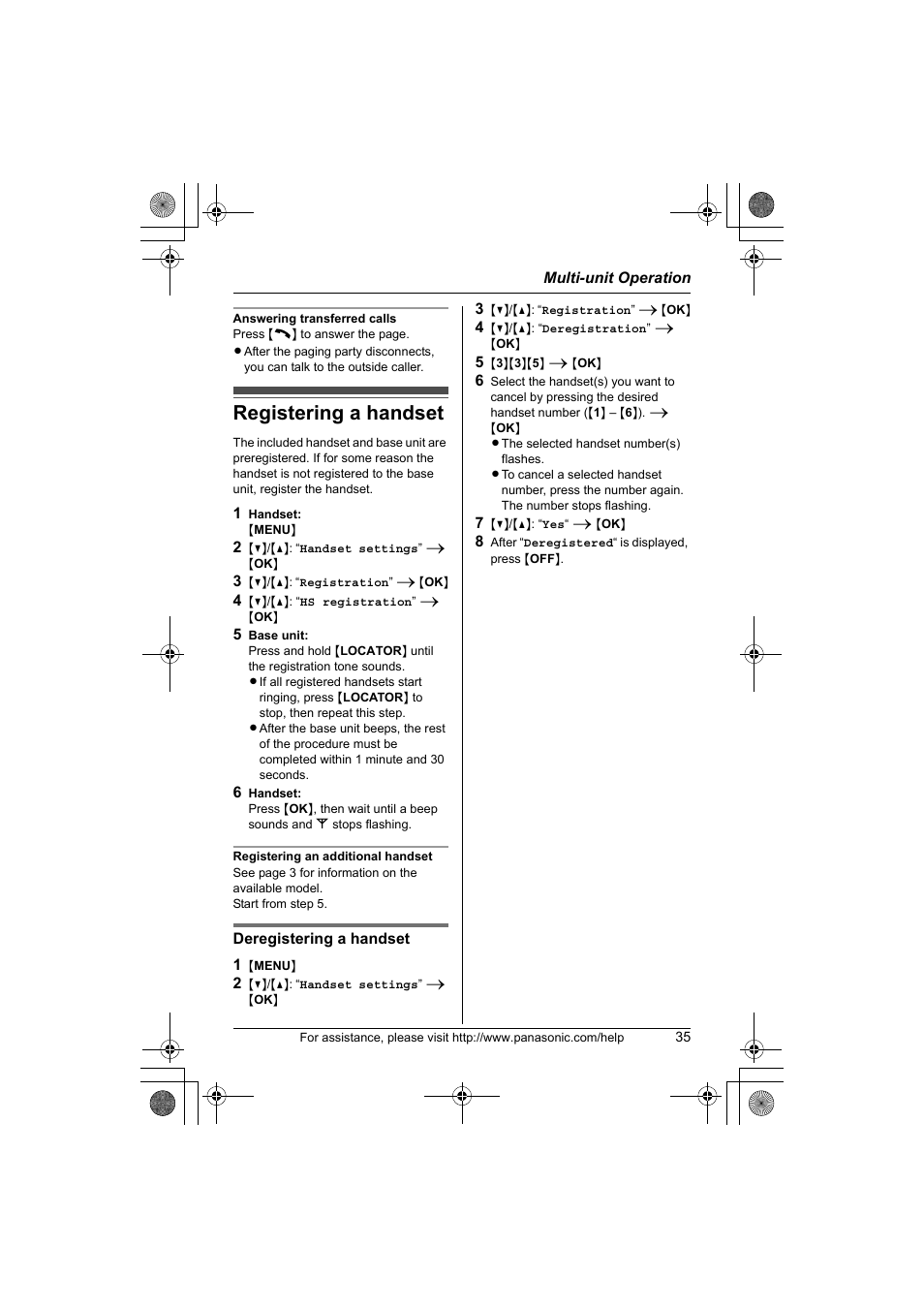 Registering a handset | Panasonic KX-TG1034 User Manual | Page 35 / 52