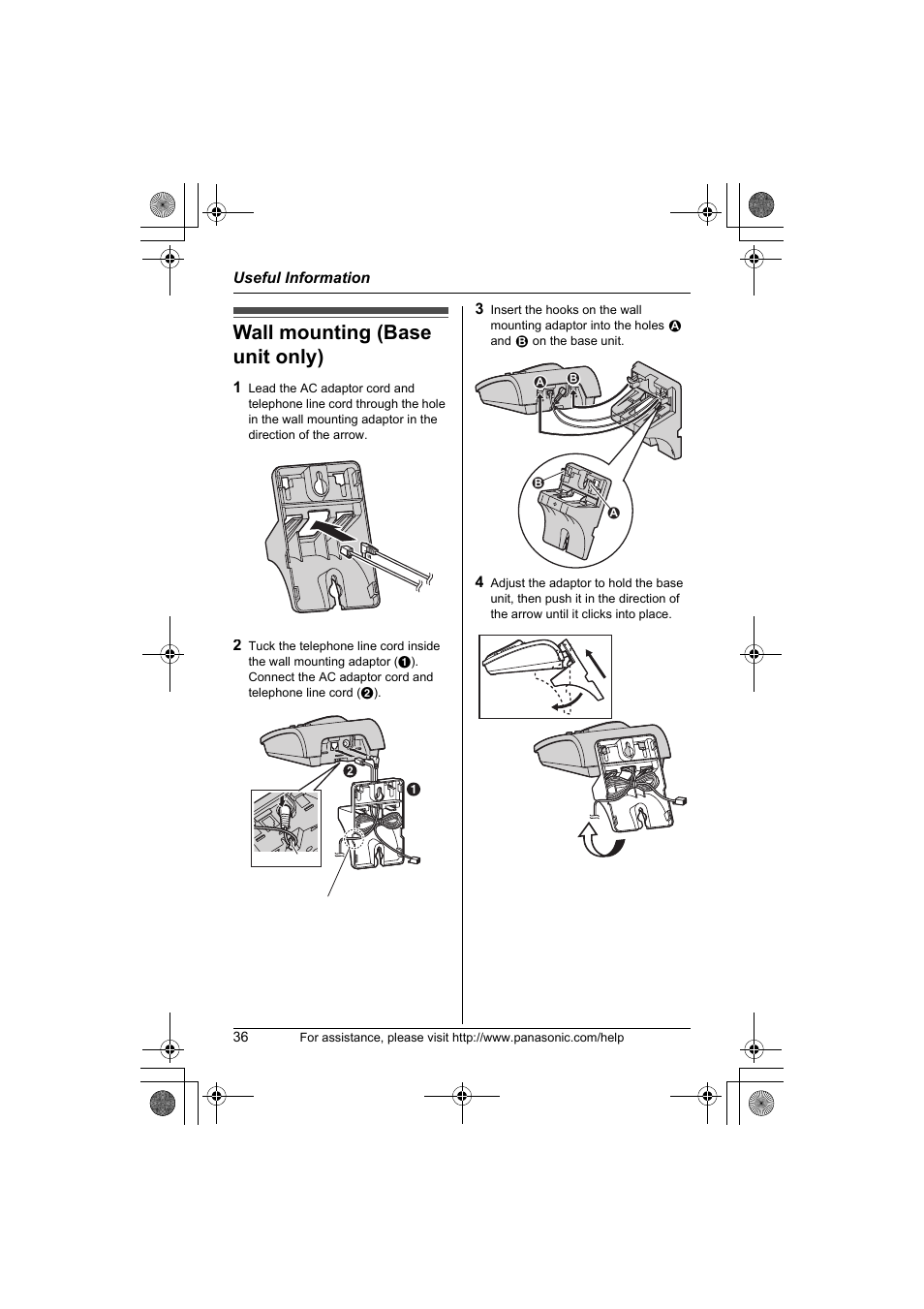 Useful information, Wall mounting (base unit only) | Panasonic KX-TG1034 User Manual | Page 36 / 52