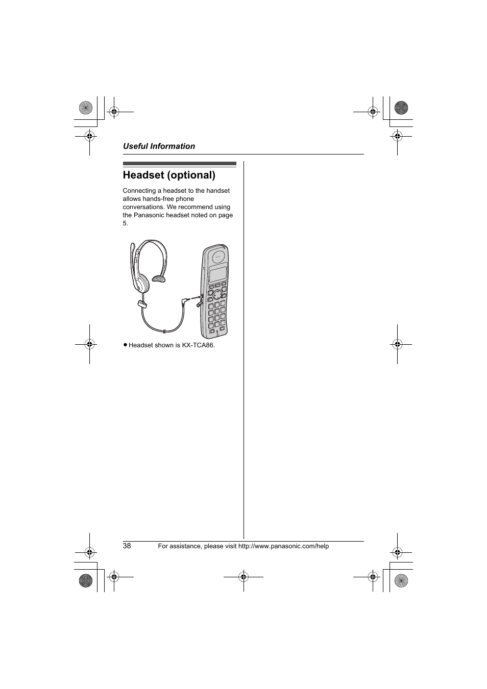 Headset (optional) | Panasonic KX-TG1034 User Manual | Page 38 / 52