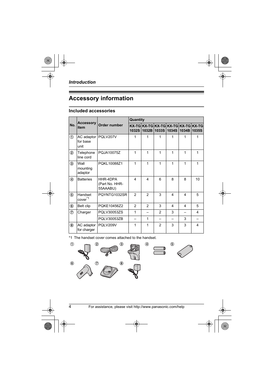 Accessory information | Panasonic KX-TG1034 User Manual | Page 4 / 52