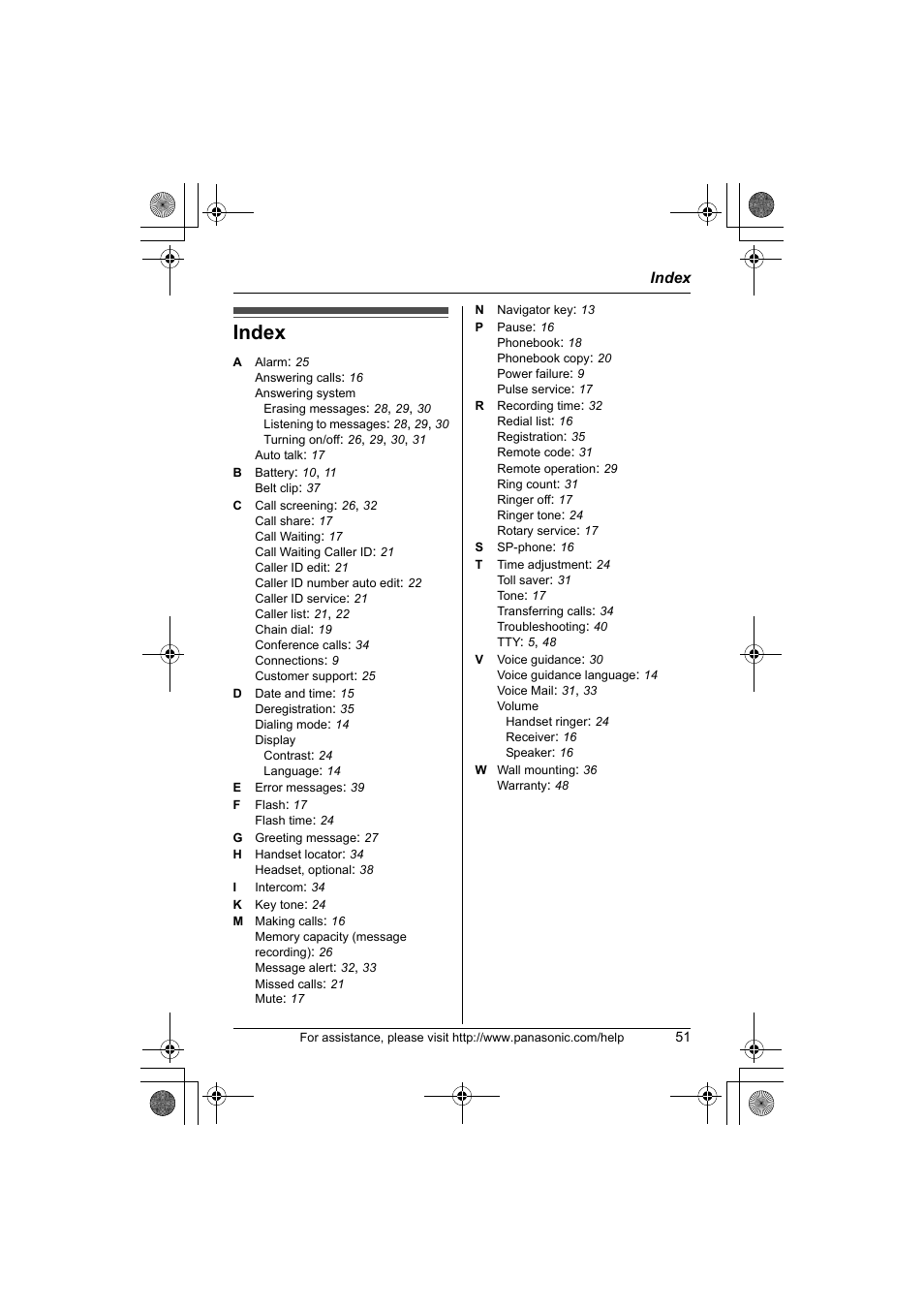 Index | Panasonic KX-TG1034 User Manual | Page 51 / 52