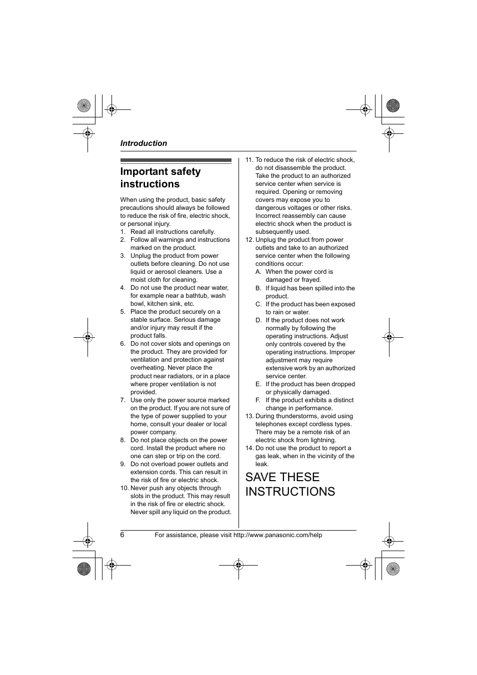 Important safety instructions, Save these instructions | Panasonic KX-TG1034 User Manual | Page 6 / 52