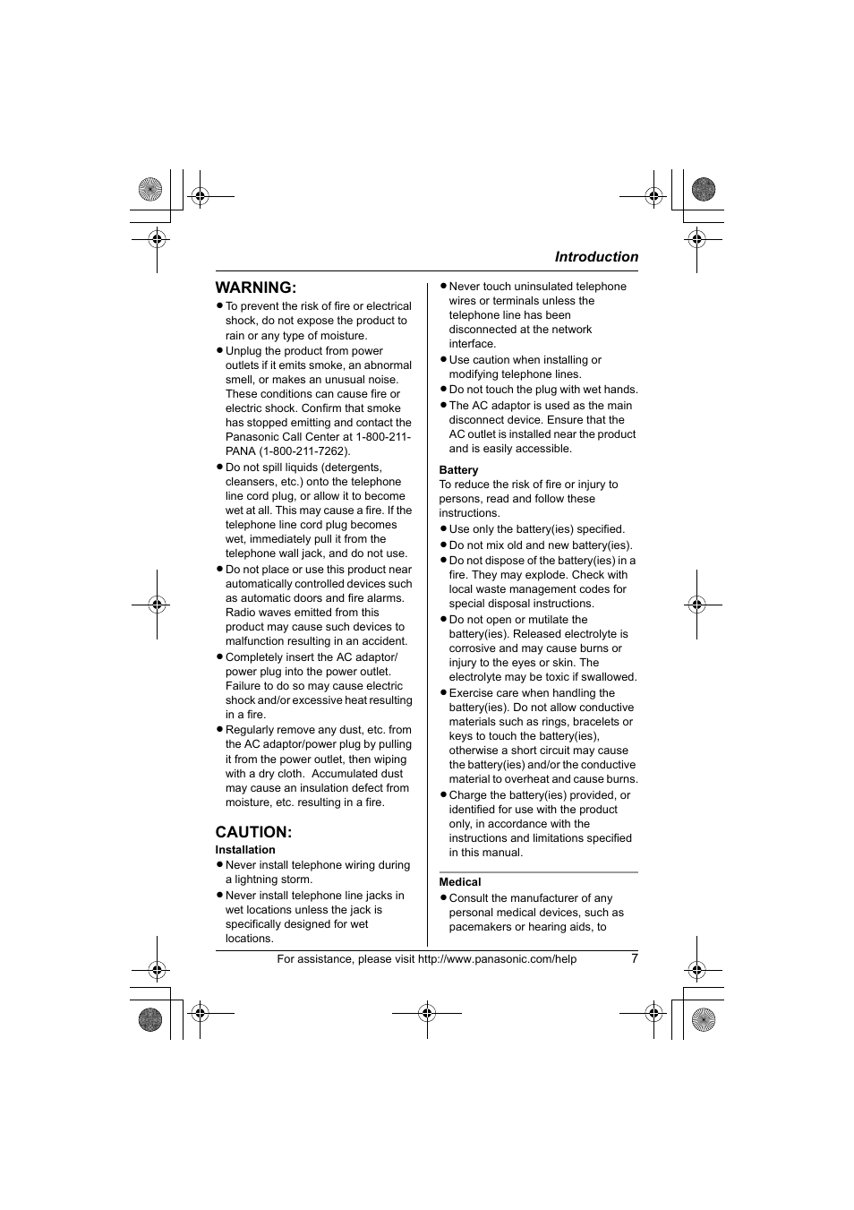 Warning, Caution | Panasonic KX-TG1034 User Manual | Page 7 / 52