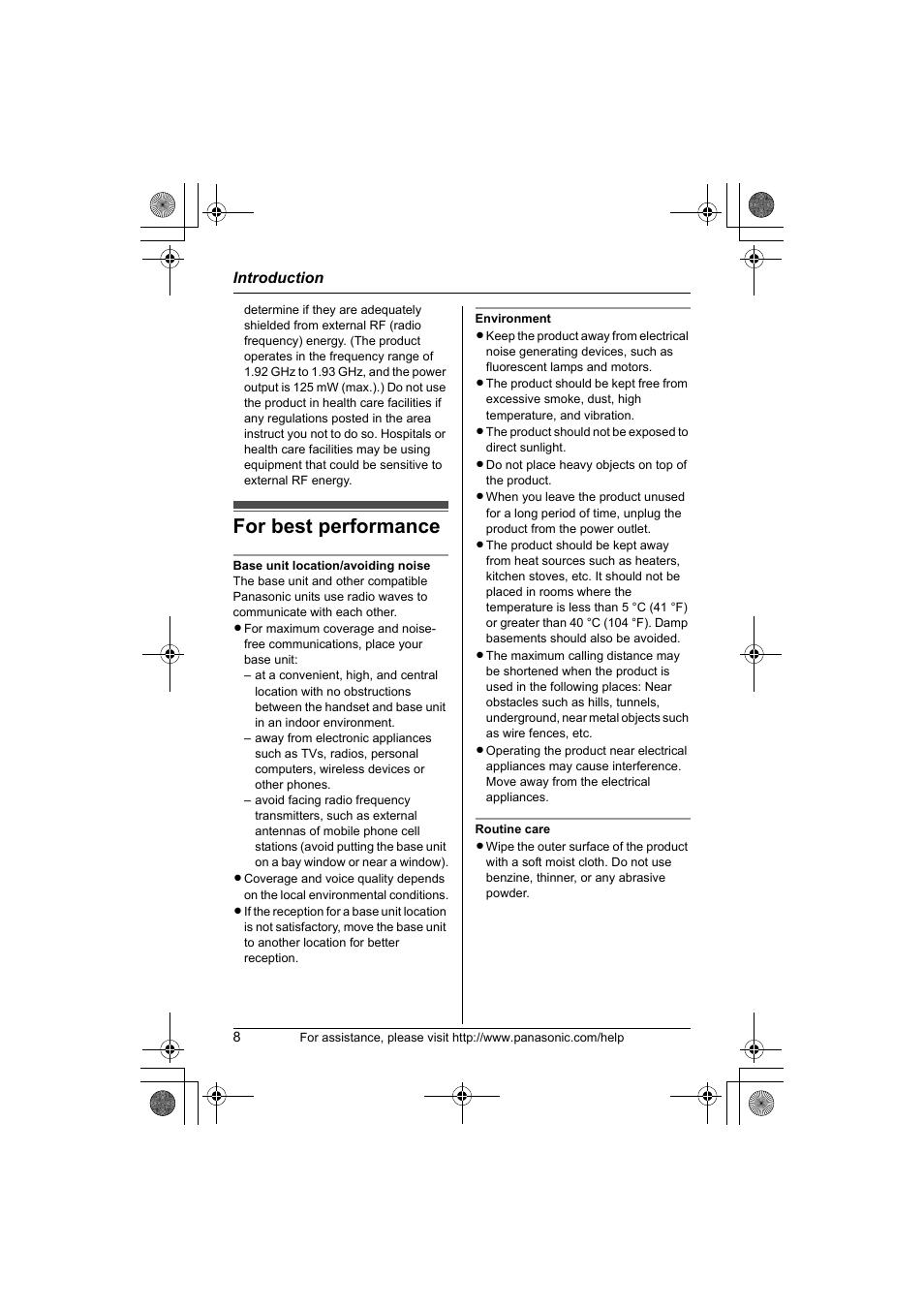 For best performance | Panasonic KX-TG1034 User Manual | Page 8 / 52