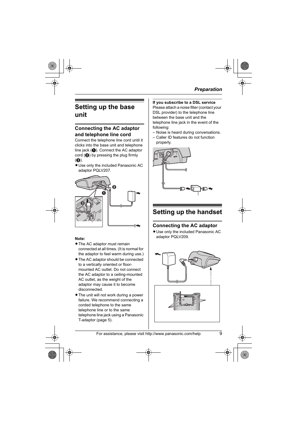 Preparation, Setting up the base unit, Setting up the handset | Panasonic KX-TG1034 User Manual | Page 9 / 52