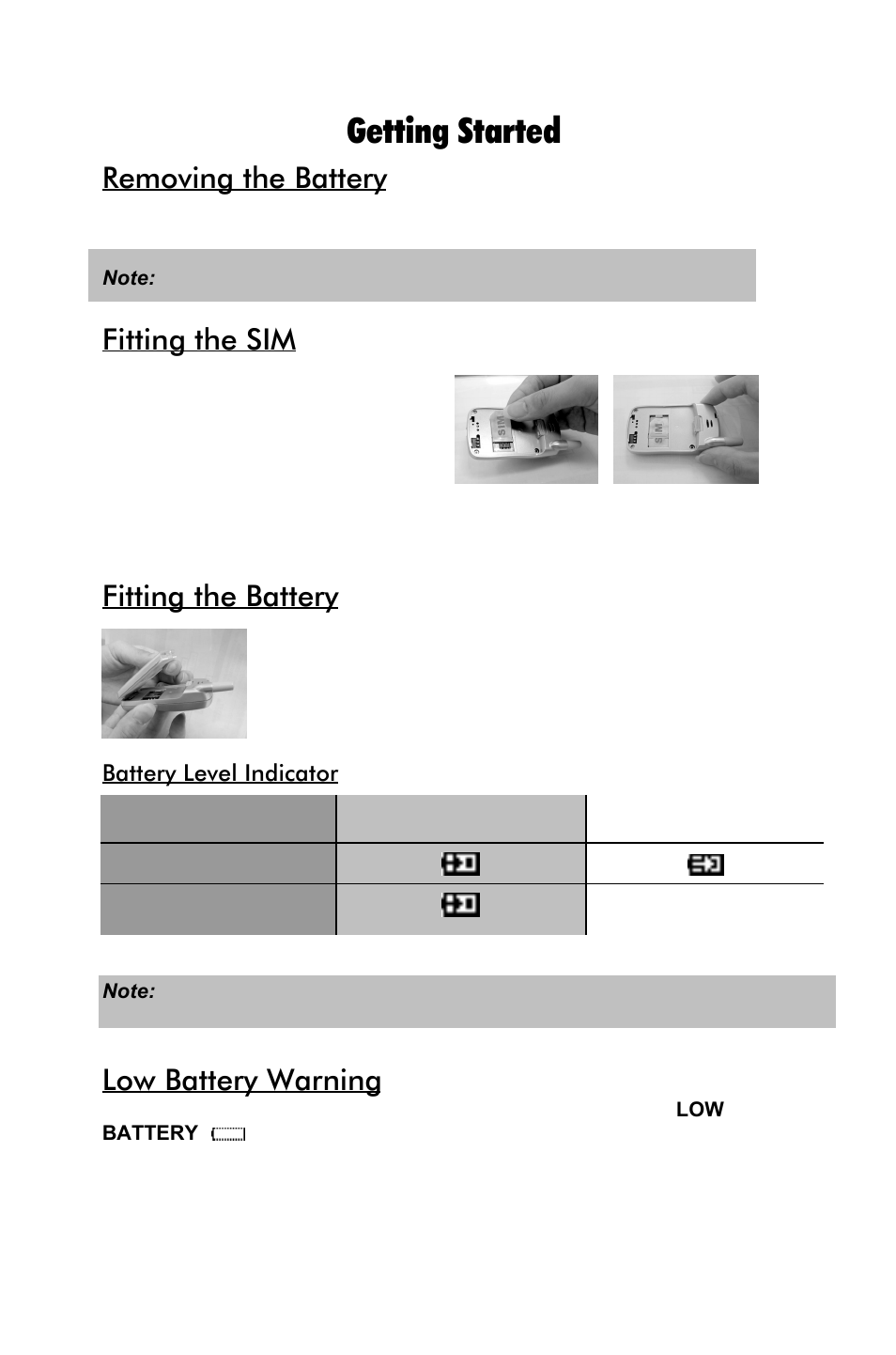 10 getting started, Removing the battery, Fitting the sim | Fitting the battery, Low battery warning | Panasonic EB-GD55 EN User Manual | Page 10 / 36