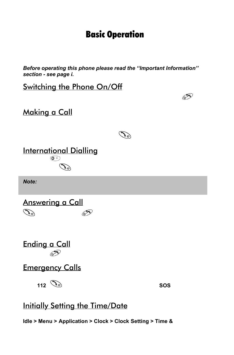 11 basic operation, Switching the phone on/off, Making a call | International dialling, Answering a call, Ending a call, Emergency calls, Initially setting the time/date | Panasonic EB-GD55 EN User Manual | Page 11 / 36