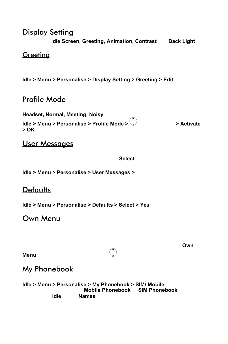 Display setting, Profile mode, User messages | Defaults, Own menu, My phonebook, Greeting | Panasonic EB-GD55 EN User Manual | Page 17 / 36
