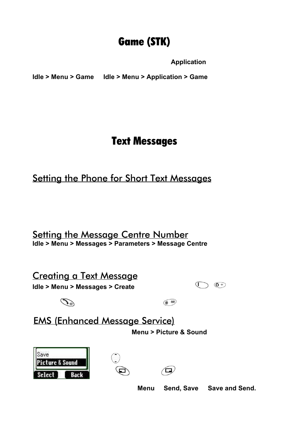 18 game (stk), Text messages, Setting the phone for short text messages | Setting the message centre number, Creating a text message, Ems (enhanced message service) | Panasonic EB-GD55 EN User Manual | Page 18 / 36