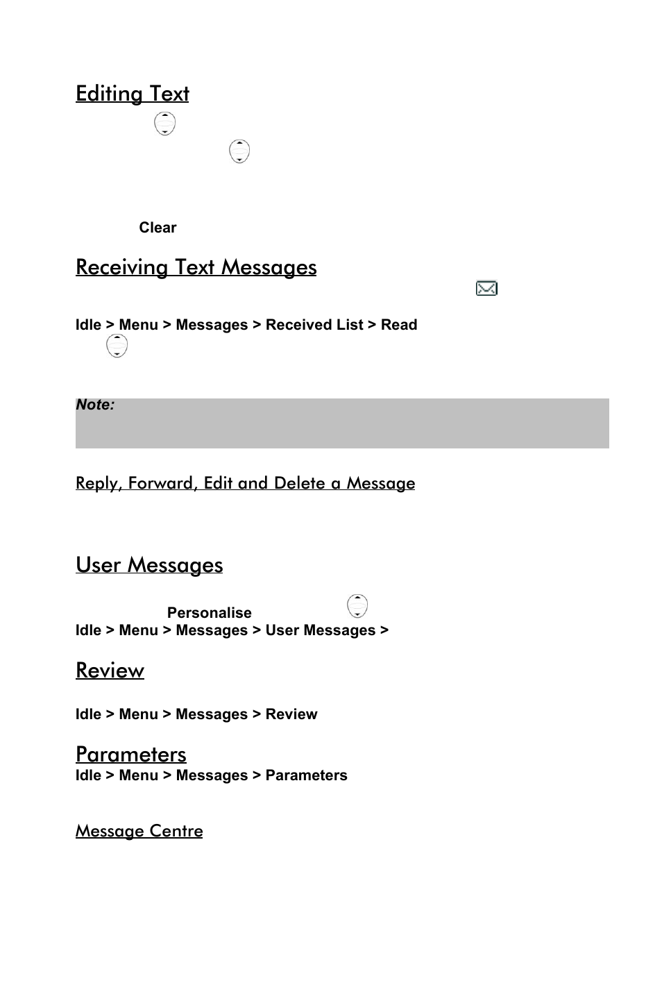 Editing text, Receiving text messages, User messages | Review, Parameters | Panasonic EB-GD55 EN User Manual | Page 20 / 36
