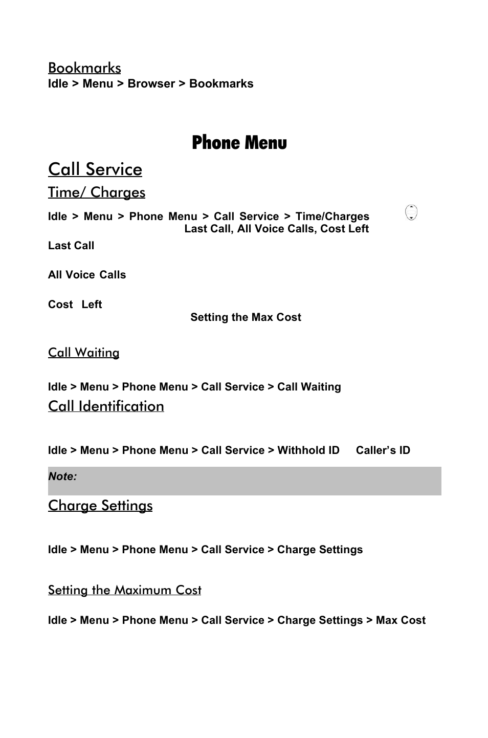 Phone menu, Call service, Bookmarks | Time/ charges, Call identification, Charge settings | Panasonic EB-GD55 EN User Manual | Page 23 / 36