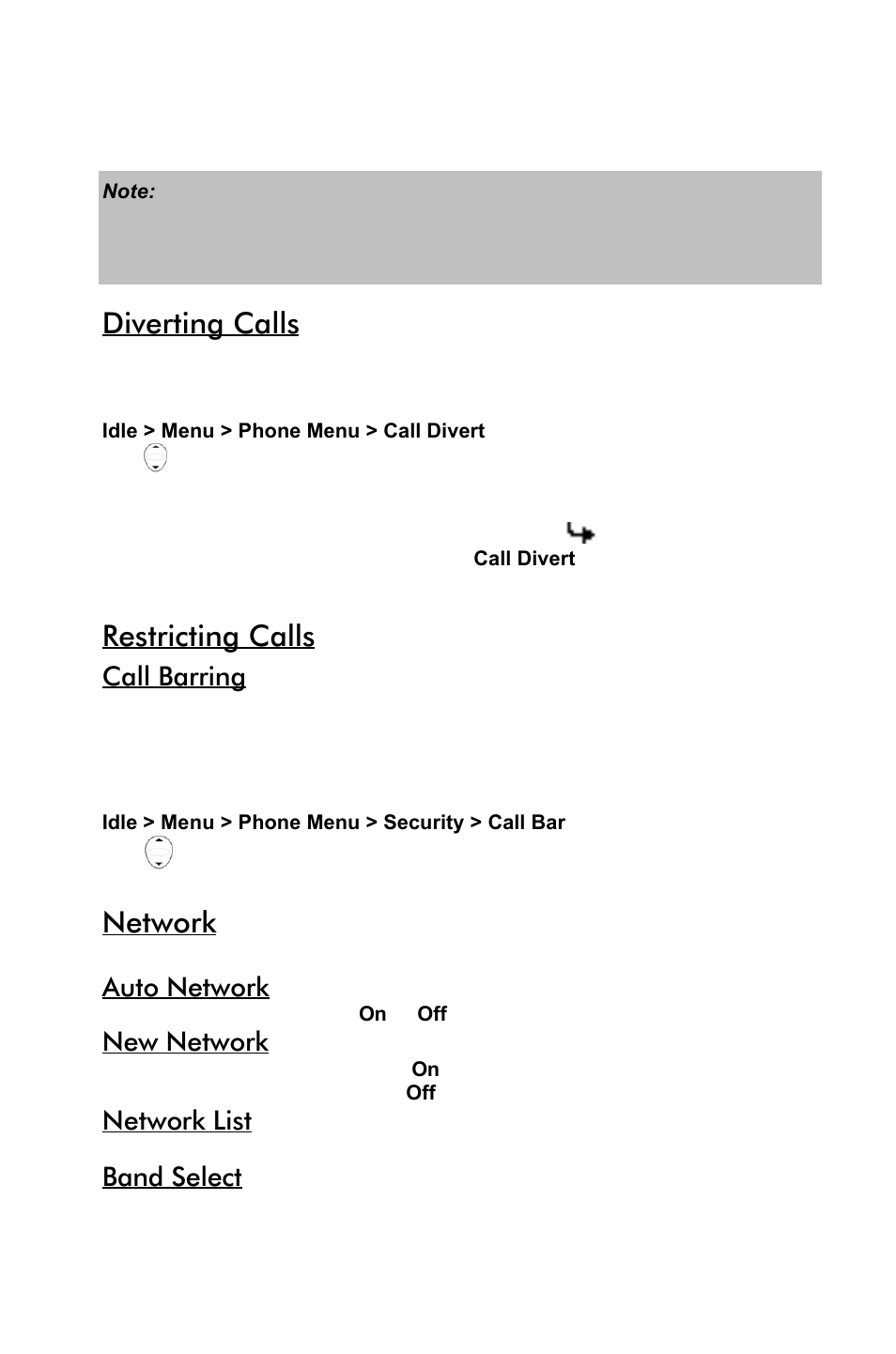 Diverting calls, Restricting calls, Network | Call barring, Auto network, New network, Network list, Band select | Panasonic EB-GD55 EN User Manual | Page 24 / 36