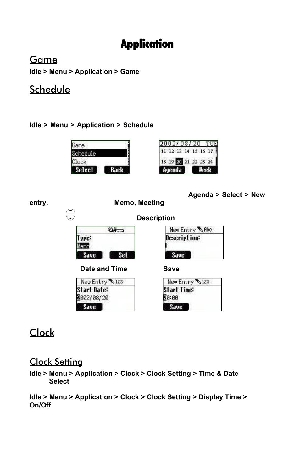 25 application, Game, Schedule | Clock, Clock setting | Panasonic EB-GD55 EN User Manual | Page 25 / 36