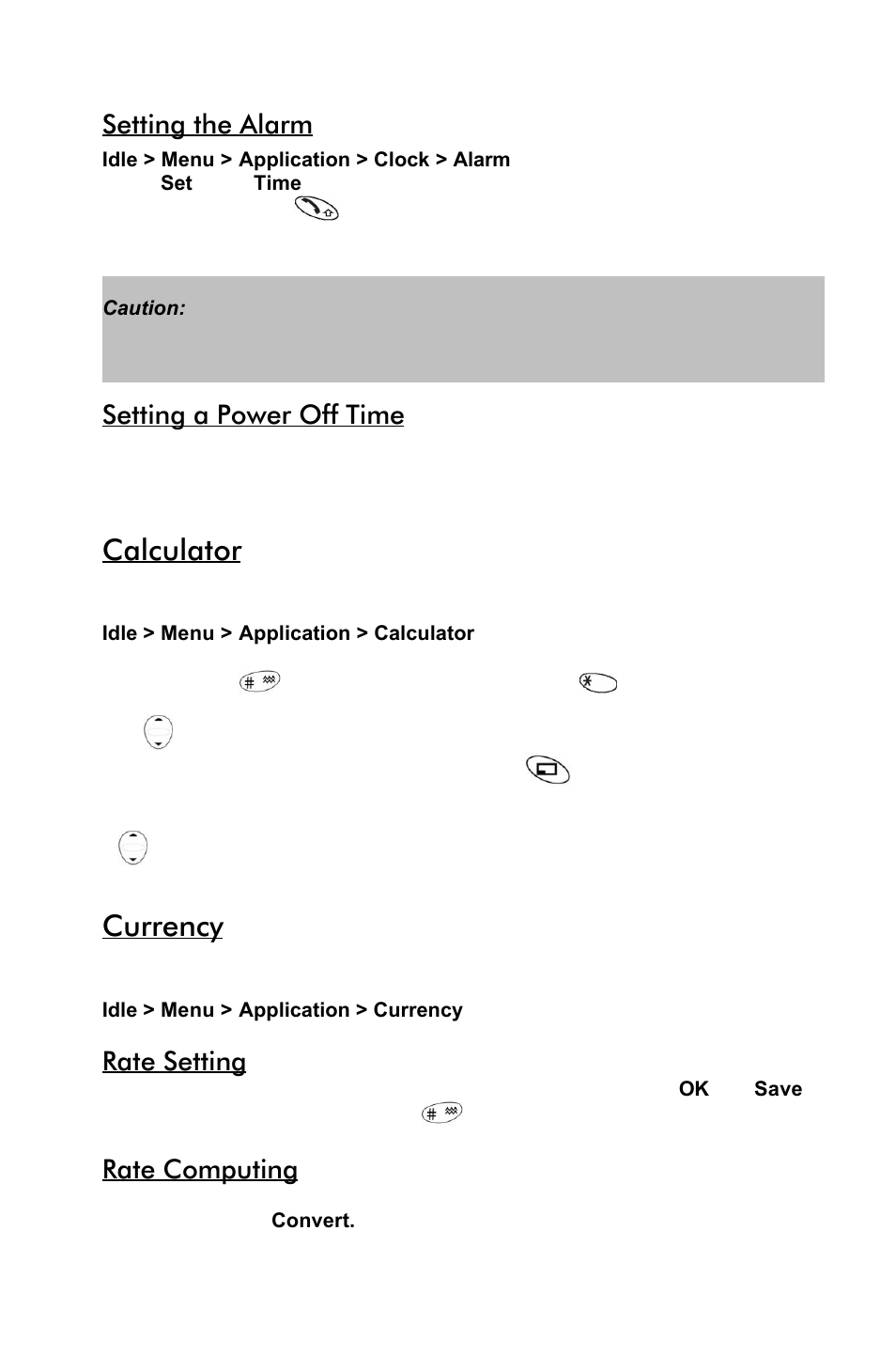 Calculator, Currency, Setting the alarm | Setting a power off time, Rate setting, Rate computing | Panasonic EB-GD55 EN User Manual | Page 26 / 36