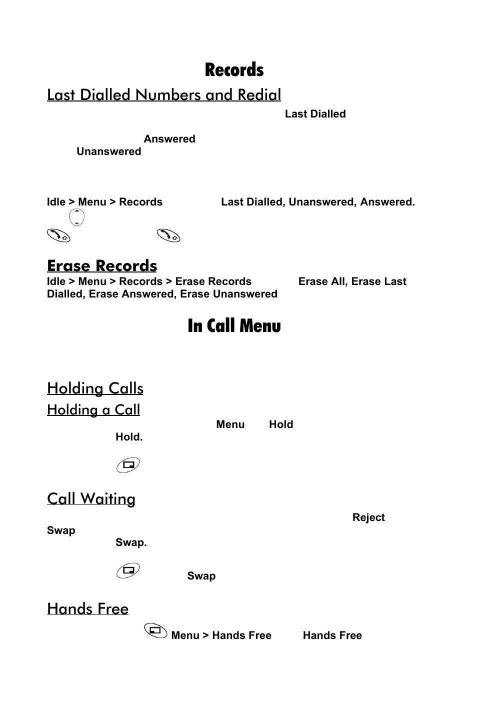 27 records, Last dialled numbers and redial, Erase records | Holding calls, Call waiting, Hands free, Holding a call | Panasonic EB-GD55 EN User Manual | Page 27 / 36